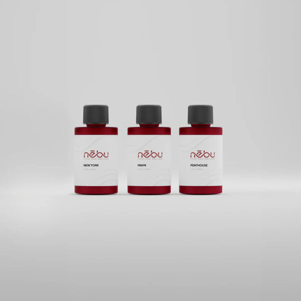 Three Nēbu fragrance oil bottles in a best-sellers set for cold air diffusers