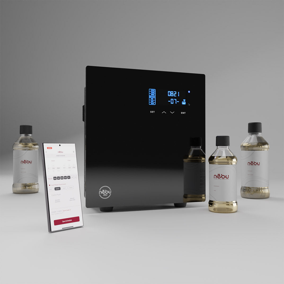 Nēbu HVAC scent diffuser kit with three fragrance bottles